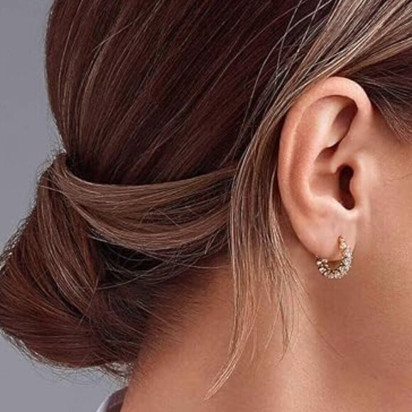 Women's 14K Gold Plated 925 Yellow Gold Cubic Zirconia Hoop Dainty Earrings - Picture 5 of 6